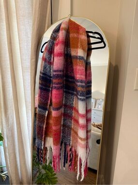 Cozy Plaid Fringe Scarf in Pink, Navy & Cream